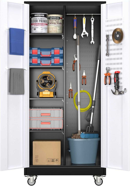 Broom Closet Storage Cabinet – Heavy Duty Metal Organizer with Hooks.