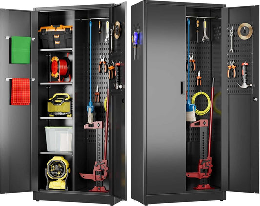 Black Metal Cleaning Tool Cabinet – Adjustable Shelves & Lockable Door